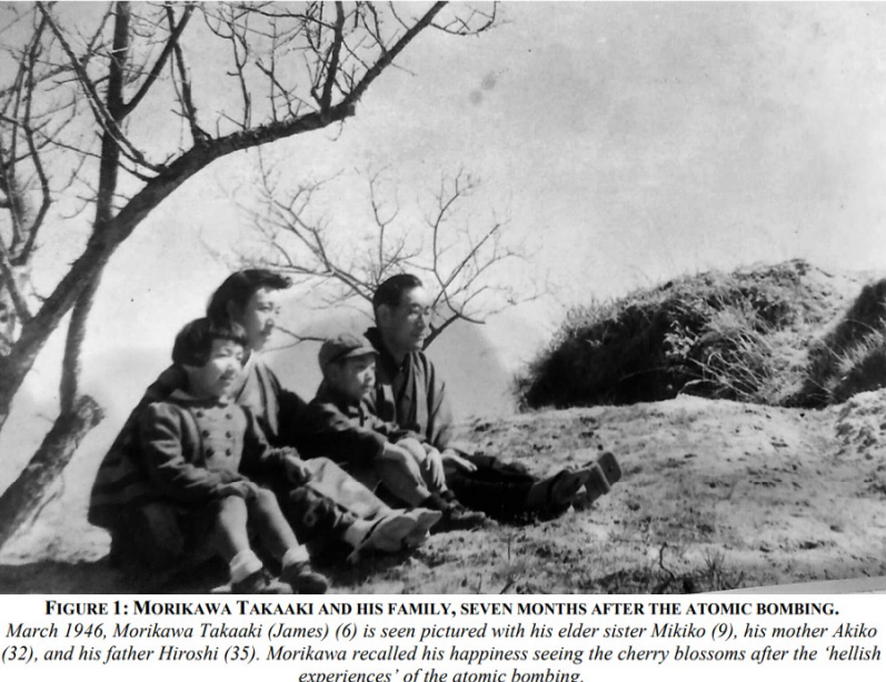 A black and white photo of Morikawa Takaaki and his family seven months after the atomic bombing